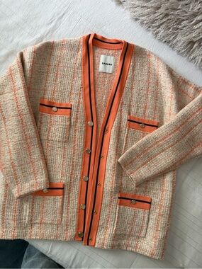 Sandro Cream Bouclé Jacket with Orange Trim
